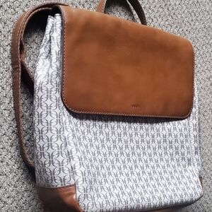Fossil Brown Leather and White Patterned Backpack